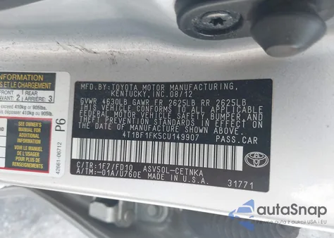 2012 Toyota Camry Le from USA, damaged, VIN 4T1BF1FK5CU149907